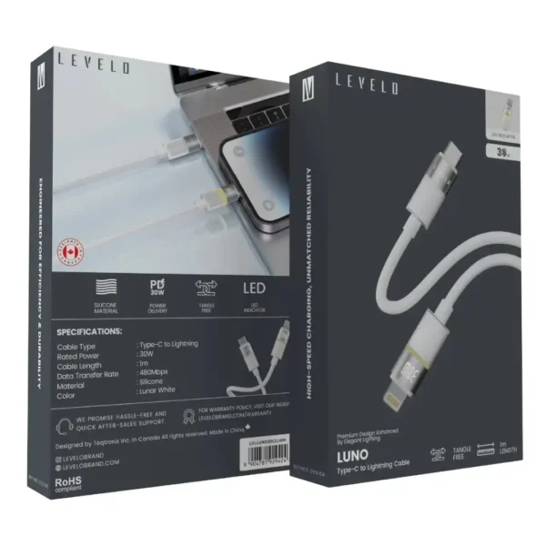 کابل شارژ Type‑C به لایتنینگ وات Levelo Luno 30