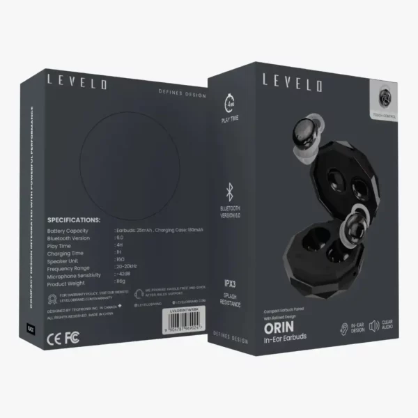ایربادز بی سیم بلوتوثی Levelo مدل LVL‑ORIN‑TWS‑BK با ظرفیت باتری 25 میلی‌ آمپر