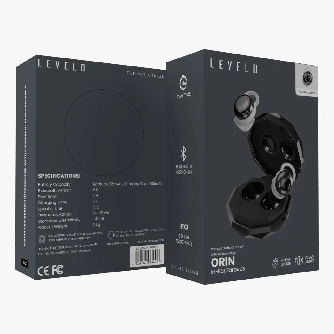 ایربادز بی سیم بلوتوثی Levelo مدل LVL‑ORIN‑TWS‑BK با ظرفیت باتری 25 میلی‌ آمپر