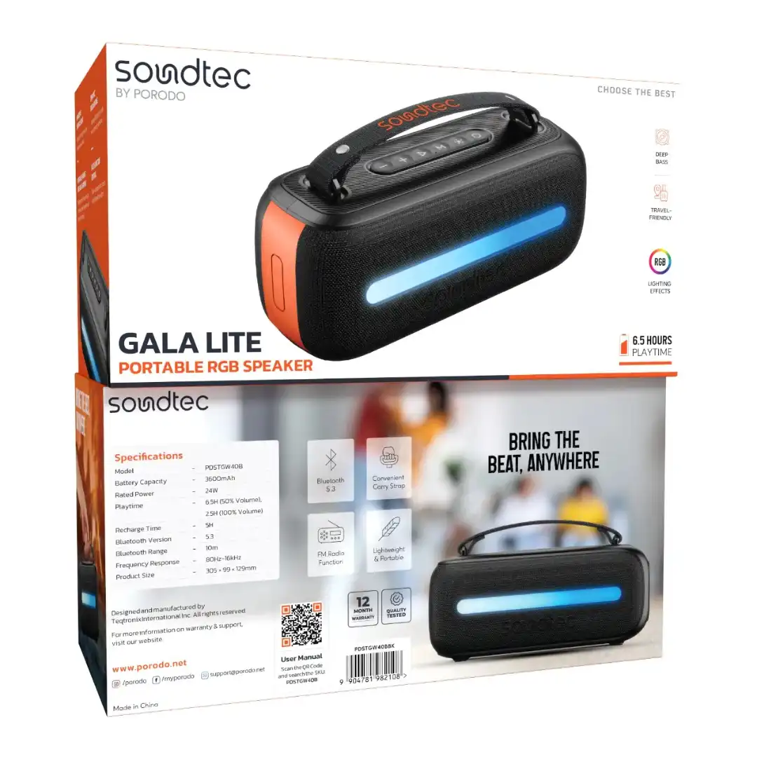 اسپیکر قابل حمل بلوتوثی پرودو ساندتک مدل Gala Lite با نورپردازی RGB ظرفیت باتری 3600 mAh