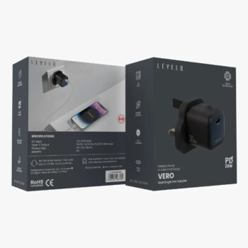 شارژر دیواری 20 وات برند لولو مدل (Levelo Vero GaN) با درگاه USB-C و آداپتور UK