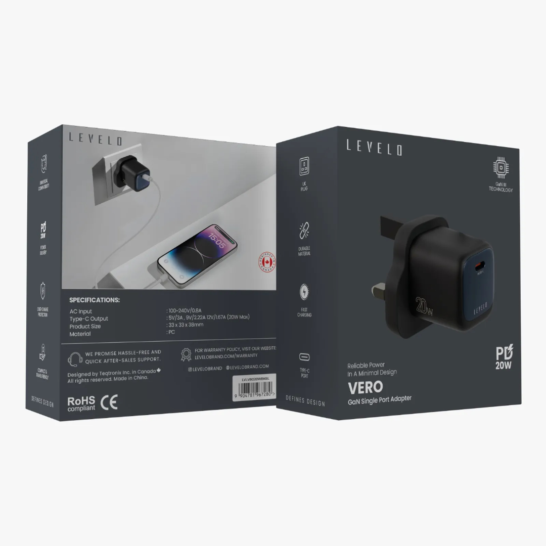 شارژر دیواری 20 وات برند لولو مدل (Levelo Vero GaN) با درگاه USB-C و آداپتور UK